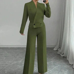 Green Elegant Women's Loose Long Sleeve Crew Neck  Knit Sweater & Suit Pants Set